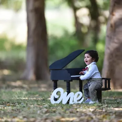A joyful first birthday photoshoot in a park, featuring the birthday boy having fun with a miniature piano prop. The "One" sign adds a perfect touch to celebrate the milestone.