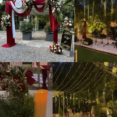 A collage showcasing a romantic outdoor wedding reception. We curated an experience with a live band, a grand floral entrance, candlelit tables, and a canopy of fairy lights.