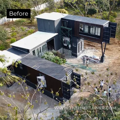 A before and after comparison of a multi-container home project. This shows the dramatic transformation from a raw construction site with stacked containers to a finished, architecturally unique residence.