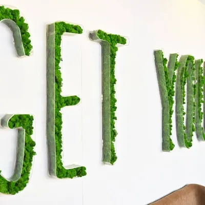 Custom moss lettering for 'The Fixx' pub in Bangalore. This type of moss art allows businesses to integrate their branding or a unique message into their interior design with a natural, tactile element.