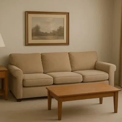 Before: A simple living room with basic furniture and a neutral palette. While functional, it lacked personality and a distinct atmosphere. This is the starting point from which we create something special.