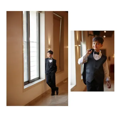 A collage of a 10-year-old boy looking sharp in a black suit for his birthday celebration.