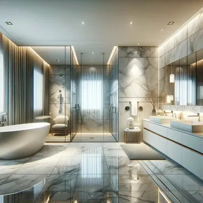 This bathroom is a vision in white marble, creating an atmosphere of pure luxury. A freestanding bathtub, a spacious glass-enclosed shower, and a floating dual vanity are all illuminated by soft, layered lighting.