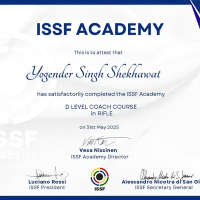 We are proud to announce that Mr. Yogender Singh Shekhawat is now an ISSF Certified Coach. This reinforces the strength and expertise of our coaching team.