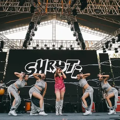 A powerful shot of the full crew on the Horn OK Please festival stage, striking a pose in perfect sync. This is what professional stage presence looks like.