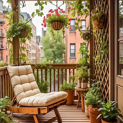 This cozy balcony has a rustic, cottage-like feel. The comfortable wooden lounge chair, surrounded by climbing vines and potted plants, creates the perfect spot to read a book and escape the city bustle.