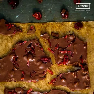 Our handcrafted chocolate bark, generously topped with dried cranberries. This image captures the rustic, artisanal nature of our bean-to-bar process, where passion and dedication go into every piece.