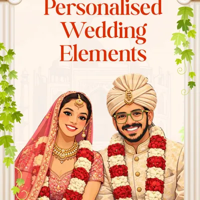 This is a custom illustration of a couple in their wedding attire. This kind of personalized artwork becomes a central part of the wedding stationery, making every element feel uniquely yours.
