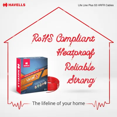 The Havells Life Line Plus S3 HRFR cable is a core product in our residential range. Its RoHS compliant and heatproof properties make it the lifeline of a safe home, and we maintain a full inventory of all sizes and colours at our Bhagirath Palace location.