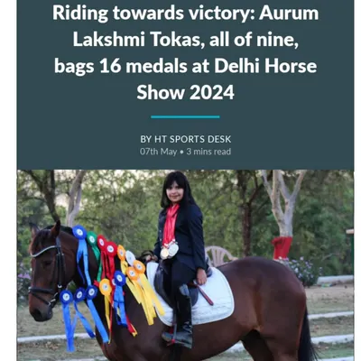 A headline from the Hindustan Times celebrating our nine-year-old rider Aurum's incredible achievement of winning 16 medals at the Delhi Horse Show 2024.