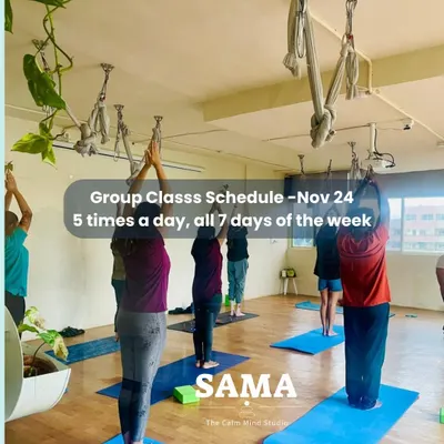 Our group class schedule offers sessions five times a day, seven days a week. This image shows a class in session, giving you a feel for the group dynamic and the variety of practices we offer.