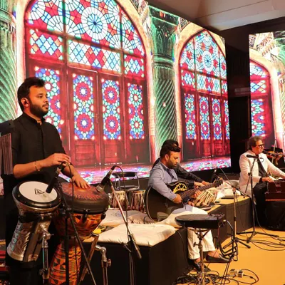 On stage for a ghazal evening with the legendary Talat Aziz ji. My setup includes the Darbuka and Djembe to provide subtle, intricate rhythms for this classic genre.