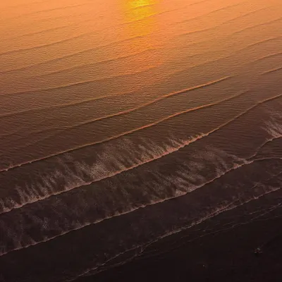 A close-up aerial shot of the ocean at sunset, where the low sun creates a golden reflection and highlights the texture of the parallel waves.