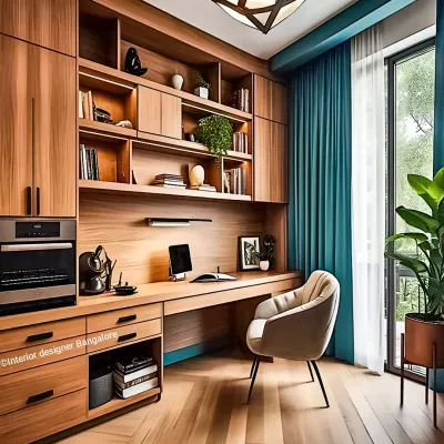 A complete home office solution with floor-to-ceiling wooden cabinetry. The design includes a spacious desk, ample shelving for books and files, and even an integrated oven, making it a truly multi-functional space.