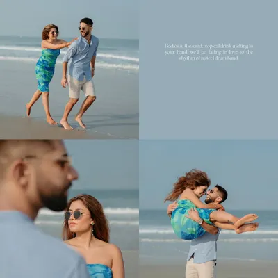 A collage from a fun pre-wedding shoot on a Goa beach. It shows the variety of playful and candid moments we can capture, from chasing the waves to romantic lifts.