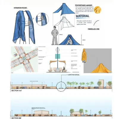 The design sheet for the 'Rising Heat' competition, detailing a wearable shelter for outdoor workers. The proposal includes material specifications and diagrams showing how the fiberglass-ribbed poncho expands into a tent, addressing the need for shade and rest.