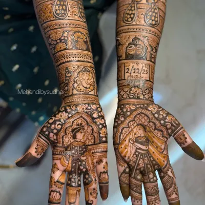 I can bring your story to life with detailed bride and groom portraits right on your palms. This design also features the wedding date and traditional doli and kalash symbols on the forearms, making it a complete narrative of the wedding.