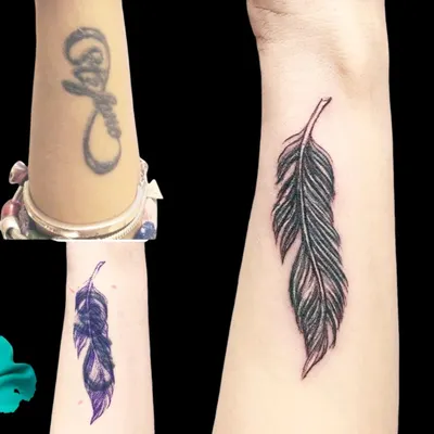 An example of a successful cover-up. The old, faded infinity symbol tattoo was completely hidden by a new, beautifully shaded feather tattoo.