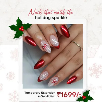 Nails that match the holiday sparkle. This Christmas design features metallic red nails paired with accent nails showing delicate, hand-painted bows and snowflakes. I offer this look as part of a special temporary extension and gel polish package.