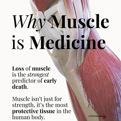 This infographic explains why I often say "muscle is medicine." Muscle tissue is a powerful predictor of health and longevity, and its loss is linked to early death. My programs focus on building and preserving this protective tissue.