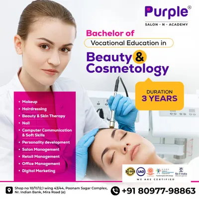 Earn a full-fledged degree with our 3-year Bachelor of Vocational Education in Beauty & Cosmetology. This UGC-approved program covers everything from makeup and hairdressing to salon management and digital marketing, preparing you for leadership in the beauty industry.