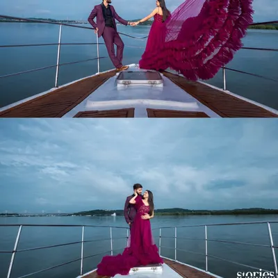 An aerial and eye-level view of a couple's yacht photoshoot. The flowing magenta trail gown creates a stunning visual against the water, showcasing the kind of epic shots you can get with my rental gowns.