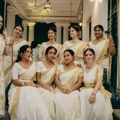 The lovely bridesmaids from England, all draped in traditional Kerala Kasavu sarees. It was a pleasure to drape for this diverse group and create a unified, elegant look.