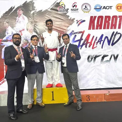 A proud father's moment. Congratulations to my son, Pranay Sharma, for winning the Gold medal in the Men’s -67 Kg Kumite event at the Thailand Open Karate Championship.
