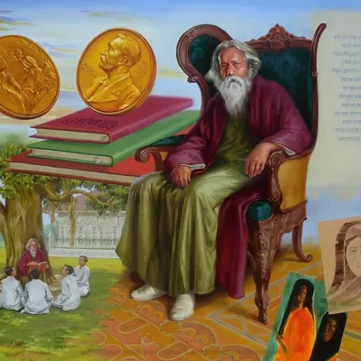 My oil on canvas painting titled 'The great legendary Guru Devo Ravindranath Tagore'. This piece, now in a collection in London, is my tribute to his immense contribution to art and literature.