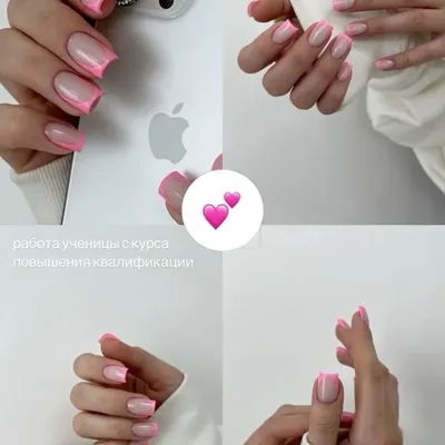 The French manicure is a timeless classic that every nail tech must master. This collage shows a modern take with a vibrant pink tip, a style you'll learn to create flawlessly.