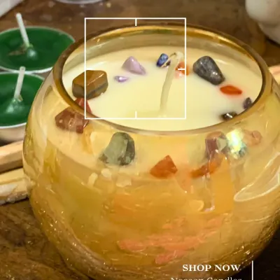 This candle glows with the energy of healing crystals. I hand-poured it in a beautiful golden iridescent jar and embedded it with different stones to radiate positive, calming energy.
