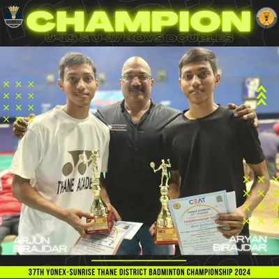 Double champions Arjun and Aryan Birajdar after winning both the U-17 and U-19 Boys Doubles titles at the 37th Thane District Badminton Championship.