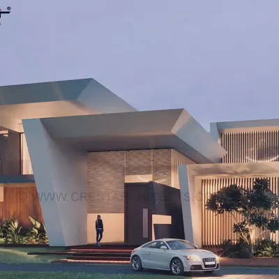 A 3D render of a 16,000 sq ft residence in Dharmavaram. This conceptual design showcases our exploration of dynamic, angular volumes and a dramatic, illuminated facade for a luxury home.