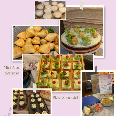 A collage of the delicious dishes served at a kids' birthday party. It features mini aloo samosas, pizza sandwiches, a sushi bar, and cupcakes, showcasing our fun and diverse menu for little foodies.