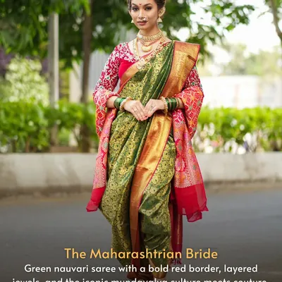 We present the Maharashtrian Bride. This look features a traditional green nauvari saree with a bold red and gold border, layered jewelry, and the iconic mundavalya, blending culture with couture.