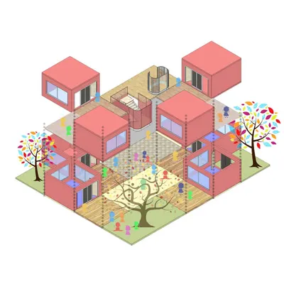 A conceptual diagram for a kindergarten in Lucknow. This axonometric drawing illustrates the core idea of using modular classrooms to carve out a variety of interconnected open spaces, including individual play decks and shared courts, to encourage interactive learning.