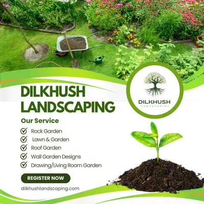 This graphic outlines the core services our landscaping company provides. We handle a wide range of projects including rock gardens, lawn installation, roof gardens, wall designs, and even interior gardens for living rooms.