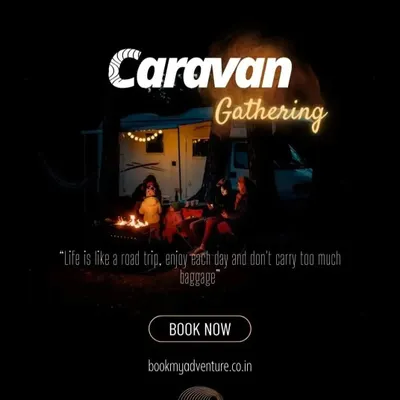 Our "Caravan Gathering" events bring fellow road-trippers together. This image captures the classic experience of sitting around a campfire next to your mobile home for the night.