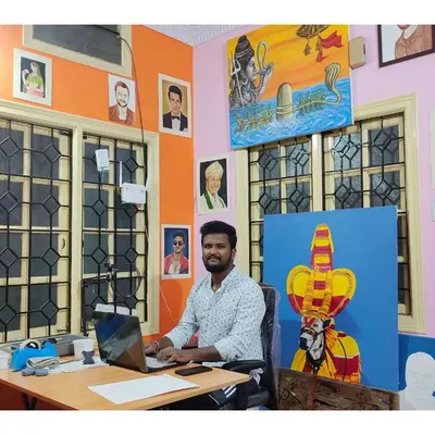 A wide view of my art studio in Bengaluru. It's where I bring all of my creative ideas to life, surrounded by my finished works.