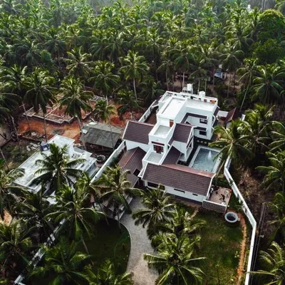 An aerial perspective of the 'Coconut Cove' project, a residence designed to be enveloped by its lush, natural surroundings. The master plan carefully positioned the home to save the majority of the coconut trees, making them the central feature of the property.