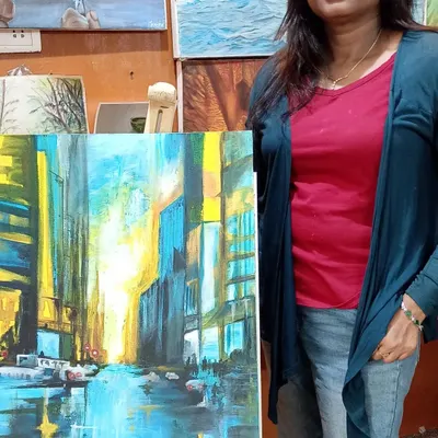 Here I am with my completed abstract cityscape painting. This piece is available for sale and is a great example of the contemporary art I create for modern home interiors.