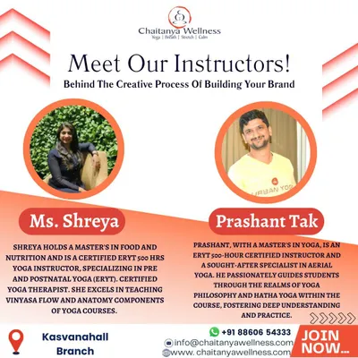 Meet your instructors, Shreya and Prashant Tak. Shreya holds a Master's in Food and Nutrition and is a certified yoga therapist specializing in prenatal yoga. Prashant holds a Master's in Yoga and is a specialist in aerial yoga and yoga philosophy.