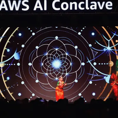 Performing at the AWS AI Conclave, where my dance was mirrored by a real-time AI avatar on the screen behind me. This "Fusion of Epochs" explored the harmony between human creativity and machine intelligence.
