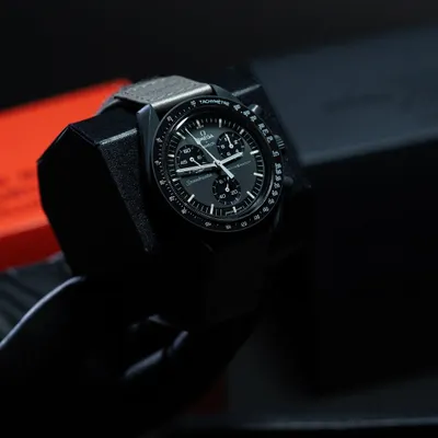 The highly coveted "Mission to Mercury" Moonswatch. Its deep grey and black tones make it one of the most popular and versatile models in the entire Bioceramic collection.