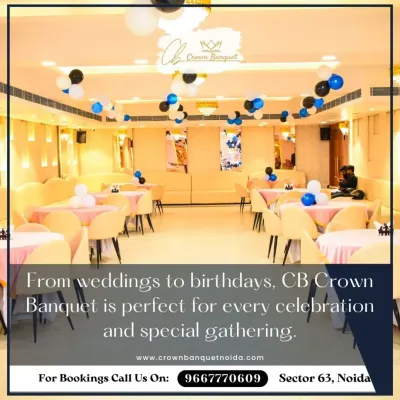 From weddings to birthdays, our banquet hall is perfect for every celebration. This wide view shows a clean and simple setup with blue and white balloon decor, demonstrating the versatility and spaciousness of our venue.
