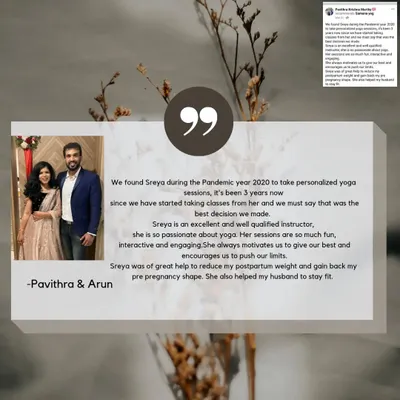 A wonderful review from Pavithra and Arun, who started personalized yoga sessions with me during the pandemic. I'm so happy I could support them through their fitness and postpartum journey.