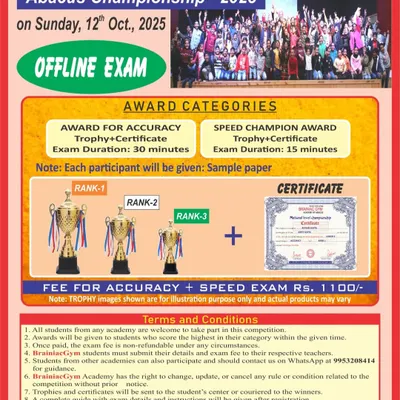 This is the official announcement for the National Level Abacus Championship. I encourage all my students to participate to test their skills and gain valuable experience.