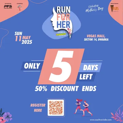 A participant poster for the "Run For Her" event, encouraging everyone to be a torchbearer for family fitness.