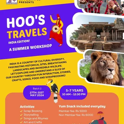 Hoo's Travels: India Edition! This summer workshop poster announces our second batch, where we explore the cultural diversity of India through scrapbooking, stories, songs, and food.