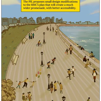 This illustration from a comic strip shows our vision for a vibrant, people-first waterfront promenade. Our public interest litigation proposes small design modifications to the BMC's plan to create a much wider and more accessible public space.